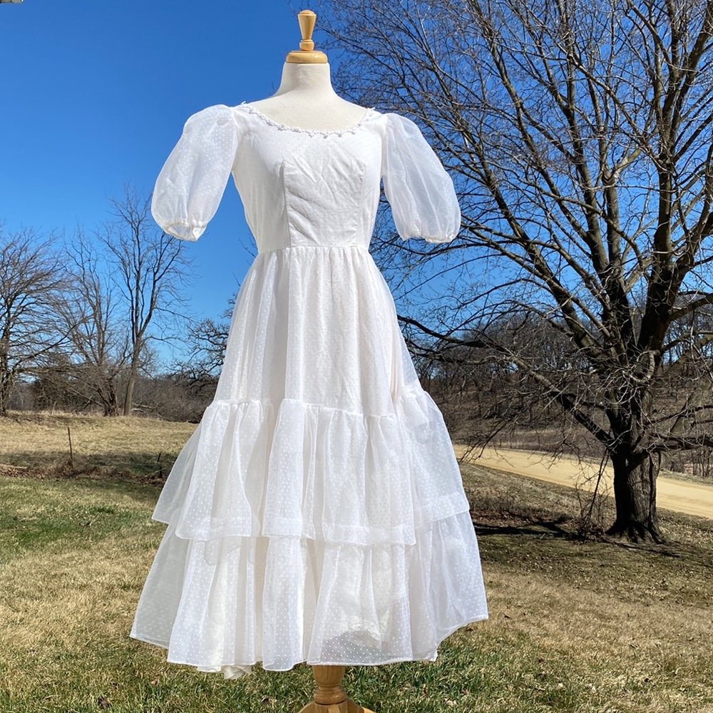 Vintage Puff Sleeve Swiss Dot Tiered Dress Gown S/M